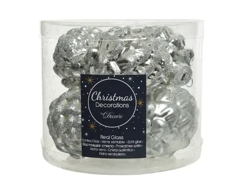 DENNENAPPEL GLAS SHINY MATT GLITTER MIX D5H.7CM ZILVER - afbeelding 3